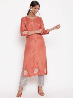 SAVI - Rust Embroidered Straight Kurta Pants (Set of 2)