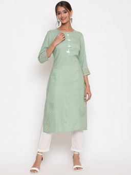 SAVI - Sage Green Embroidered Straight Fit Kurta