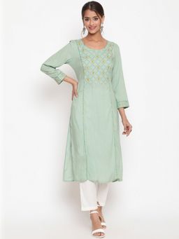 SAVI - Sage Green Embroidered A Line Casual Kurta