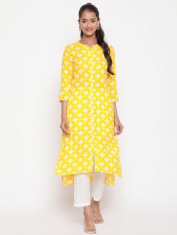 SAVI - Yellow Printed Mandarin Collar High Low Kurta