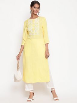 SAVI - Light Yellow Embroidered Casual A Line Kurta