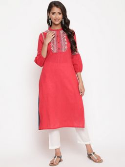 SAVI - Red Embroidered Designer A-Line Kurta