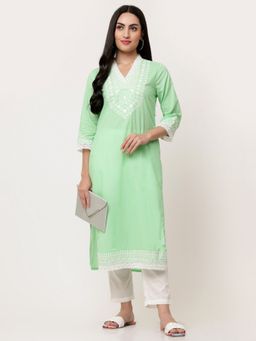 SAVI - Mint Green Cotton Embroidered Straight Kurta