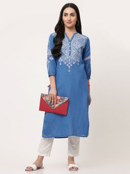 SAVI - Blue Cotton Embroidered Straight Kurta