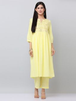 SAVI - Cotton Embroidered Yellow A Line Kurta Pants (Set of 2)