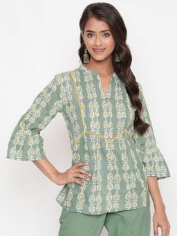 SAVI - Sage Green Cotton Printed Pintuck Tunic Top