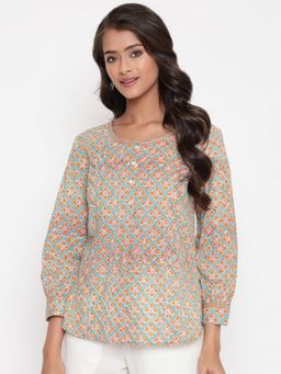 SAVI - Mint Peach Cotton Printed Tunic Top