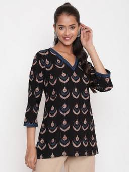 SAVI - Black Cotton Block Printed Casual Tunic Top