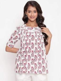 SAVI - Pink White Floral Printed Pintuck Tunic Top