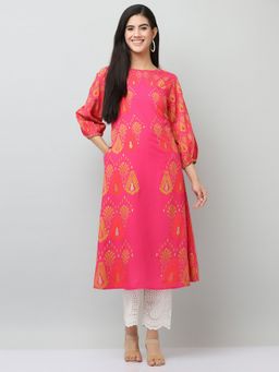 SAVI - Rayon Pink Printed A Line Kurta