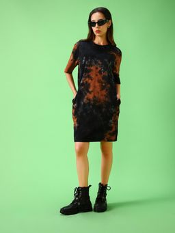 Bewakoof - Women's Black & Orange Tie & Dye Oversized Dress