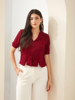 Latin Quarters - Women Maroon Collared Short Sleeves Textured Casual Top