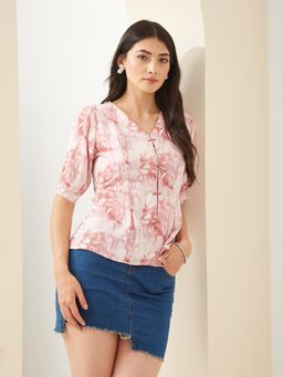 Latin Quarters - Women Pink V- Neck Half Sleeves Printed Casual Top