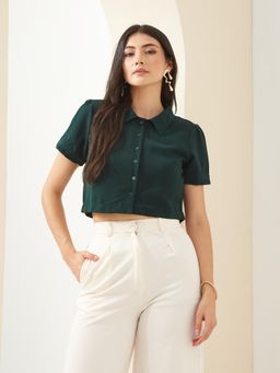 Latin Quarters - Women Green Collared Short Sleeves Solid Casual Shirt
