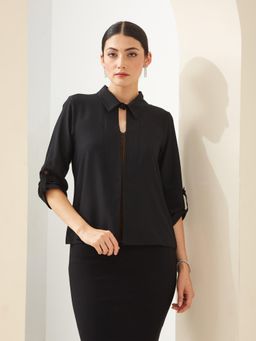 Latin Quarters - Women Black Collared Three Forth Sleeves Solid Casual Shirt