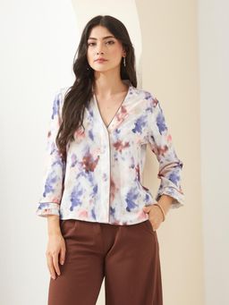 Latin Quarters - Women White V- Neck Three Forth Sleeves Tie-Dye Casual Top