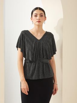 Latin Quarters - Women Black V- Neck Short Sleeves Textured Party Top