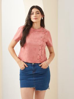 Latin Quarters - Women Pink Short Sleeves Solid Casual Top