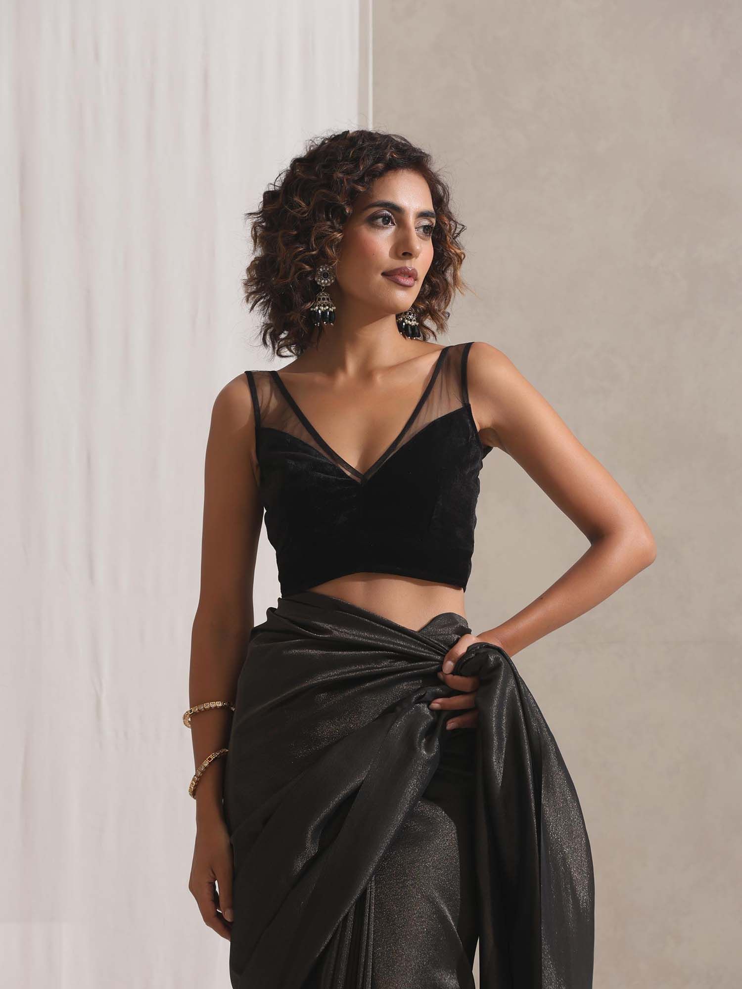 swtantra Femme Noir Black Velvet Blouse with Net Design-picture-11