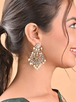 Fida - Antique Gold Plated Off White Kundan Pearl Chandbali Earrings