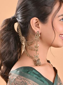 Fida - Golden Long Linear Attached Ear Chain Jhumka Earrings