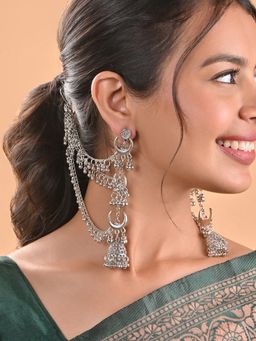 Fida - Silver Long Linear Attached Ear Chain Jhumka Earrings