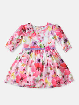 Nautinati - Girls Floral Print with Flower At Waistband Frock