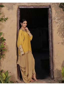 SURKH SYAHI - Sunheri Mustard Kaftaan With Dhoti Pant