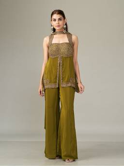 Qunic - Olive Glint Crepe Top and Palazzo