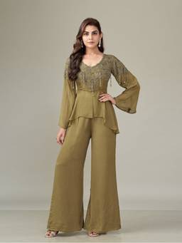 Qunic - Olive Whisper Chiffon Top and Palazzo