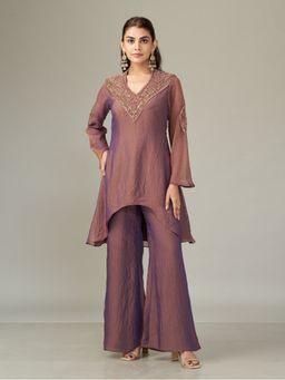 Qunic - Purple Veil Shimmer Chiffon Kurti and Palazzo