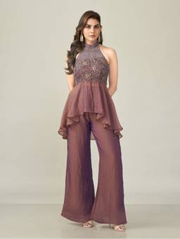 Qunic - Plum Halo Shimmer Chiffon Top and Palazzo