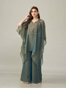 Qunic - Green Moss Aurelle Shimmer Chiffon Kaftan and Palazzo