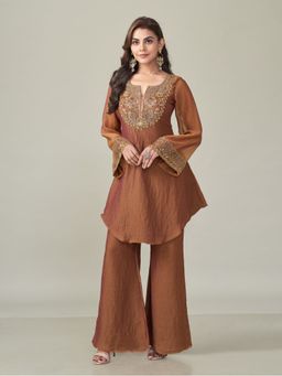Qunic - Rust Ember Glow Shimmer Chiffon Kurti and Palazzo