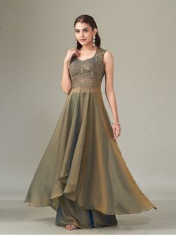 Qunic - Sage Tides Shimmer Chiffon Anarkali Kurta and Palazzo