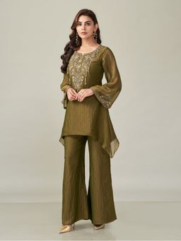 Qunic - Olive Veil Shimmer Chiffon Kurti and Palazzo