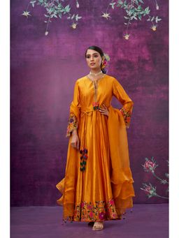 Label Niti Bothra - Mustard Floral Applique Anarkali Kurta With Pant And Dupatta