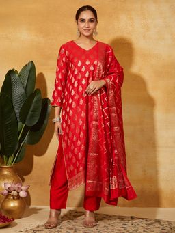 Meeta's - Red Banarasi Silk Kurta With Pant And Dupatta