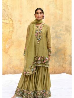 Label Niti Bothra - Olive Green Orchid Kurta And Sharara With Dupatta