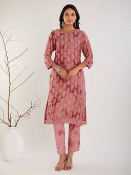 Meeta's - Pink Hand Block Printed Chanderi Kurta With Pant And Dupatta
