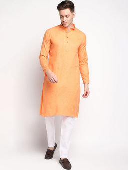 Devoiler - Men Self Design Orange Cotton Kurta