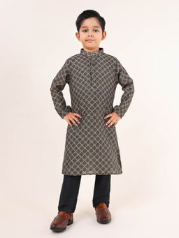 TABARD - Black Cotton Full Sleeves Jacquard Kurta