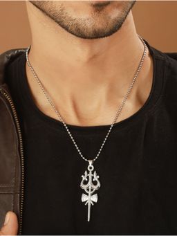 Priyaasi - Men Holy Trishul Silver Plated Beaded Pendant Chain