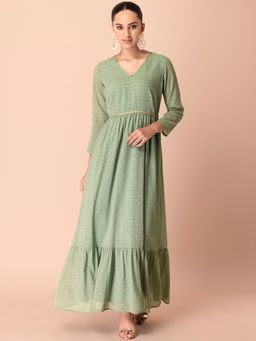Indya - Pastel Green Leaf Print Tiered Maxi Dress