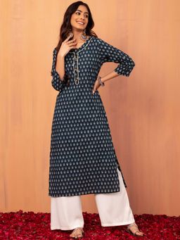 Indya - Navy Blue Block Print Cotton Kurta