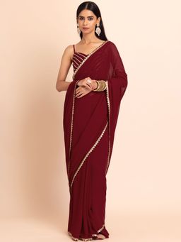 Indya - Maroon Saree With Unstitched Blouse
