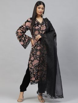 Divena - Black Burn Out Velvat Kurta Haram Salwar with Organza Dupatta (Set of 3)