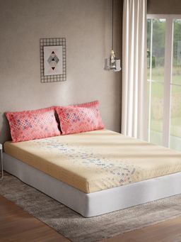 Ddecor Live Beautiful - Cotton Contemporary Double Bedsheet with 2 Pillow Covers - Beige