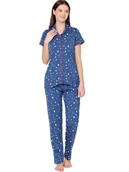 Bodycare - Womens Cotton Printed Night Suit Of Shirt & Pyjama -BSNS18008 Blue (Set of 2)