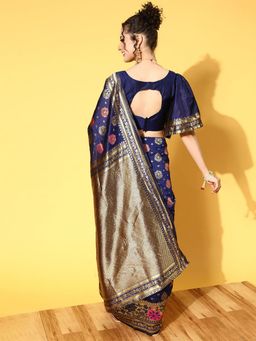 Odette - Silk Blend Navy Blue Woven Design Saree with Unstitched Blouse